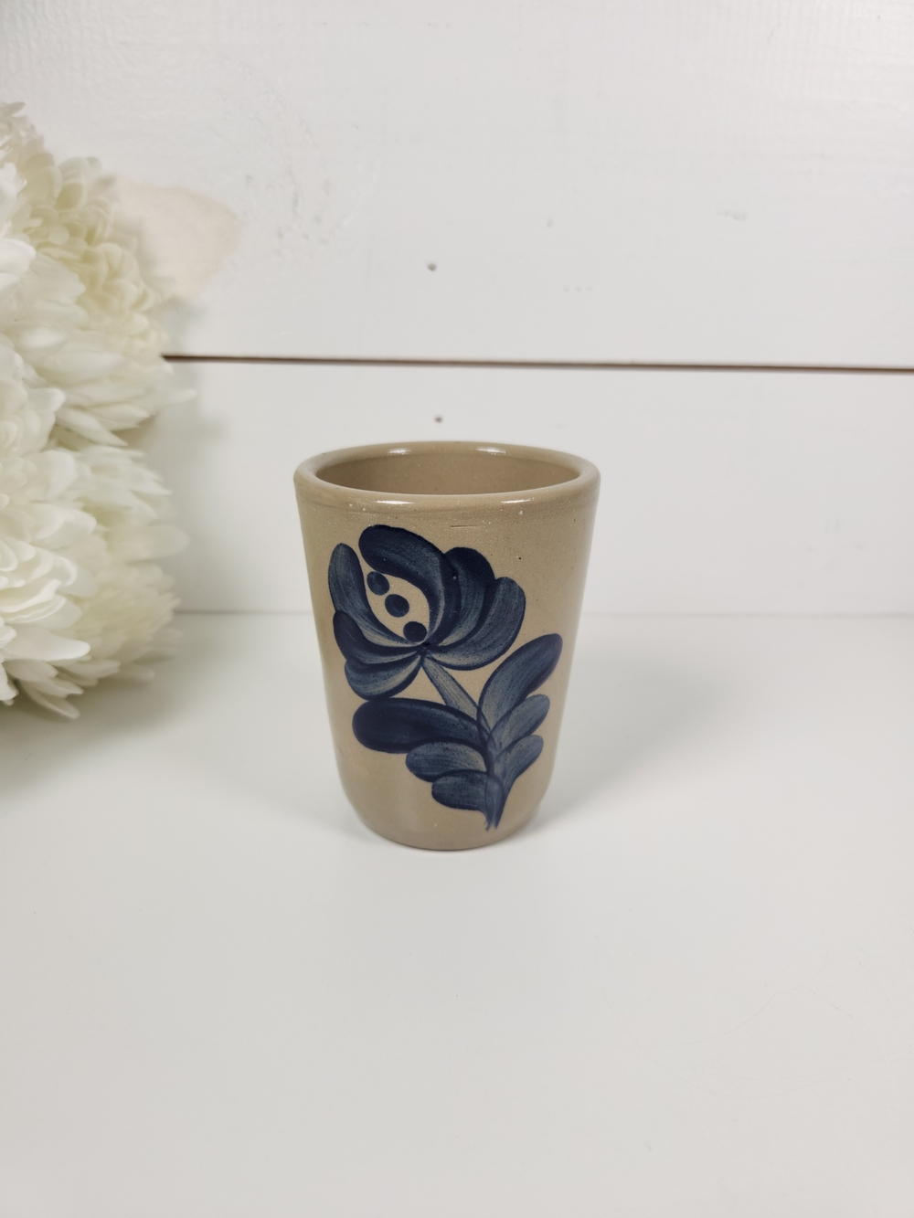 Vintage 1988 Beaumont Brothers Pottery Salt Glaze Blue Flower Vase, Handless Mug